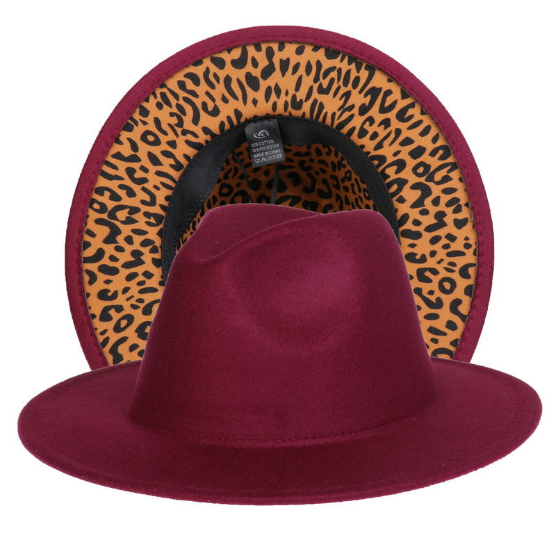 Double-sided Color-blocking Leopard Print Woolen Fedora Hat