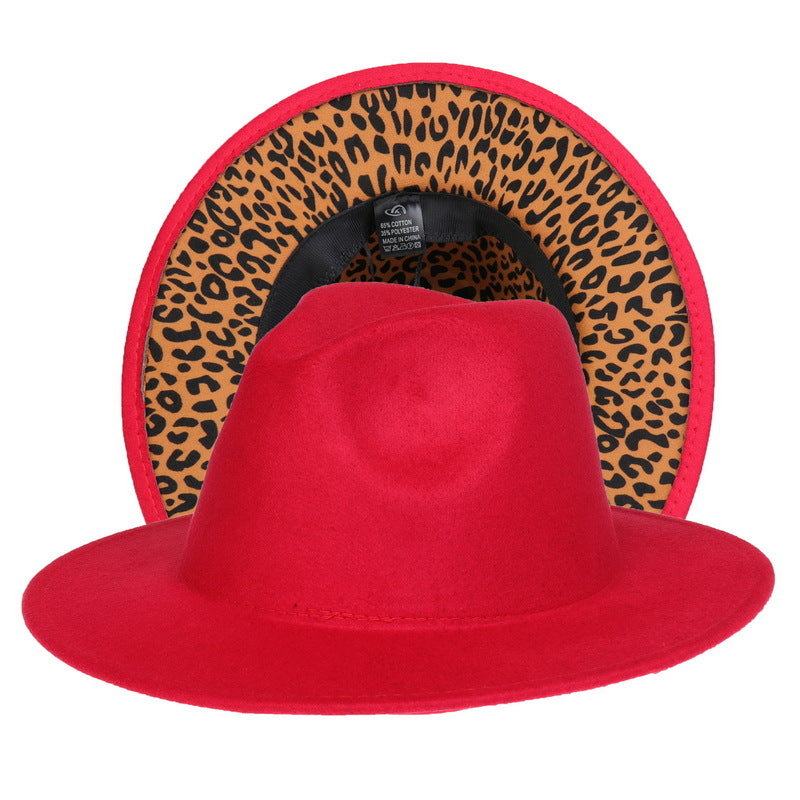 Double-sided Color-blocking Leopard Print Woolen Fedora Hat